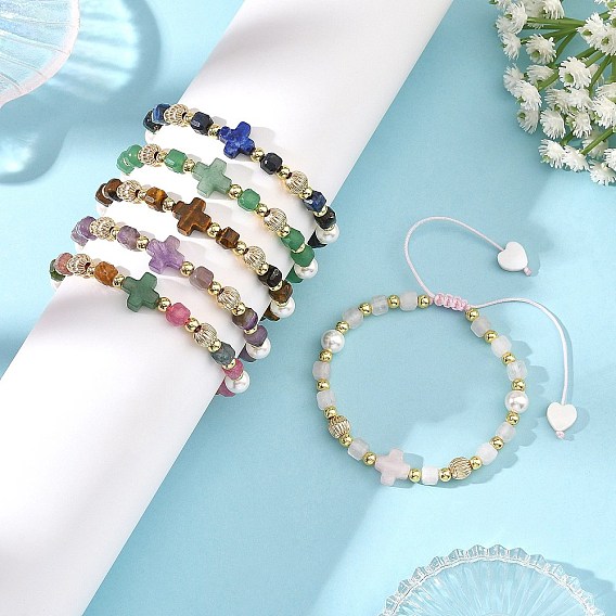 Natural Gemstone Faceted Cube Braided Bead Bracelets, Religion Cross Adjustable Bracelets, Golden