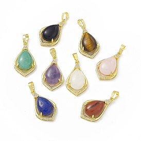Natural Gemstone Pendants, Teardrop Charms, with Golden Tone Rack Plating Brass Findings, Cadmium Free & Lead Free