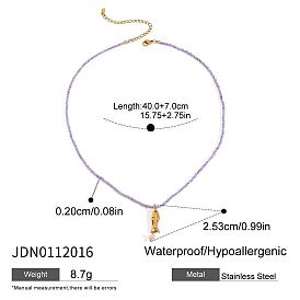 304 Женские бусины с подвеской в виде рыбы из нержавеющей стали и стеклянного жемчуга из натурального аметиста