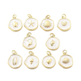 Ocean Theme Brass Enamel Pendants, with Jump Ring, Real 18K Gold Plated, Flat Round Charm