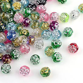 Plating Transparent Acrylic Beads, Metal Enlaced, Round Flower