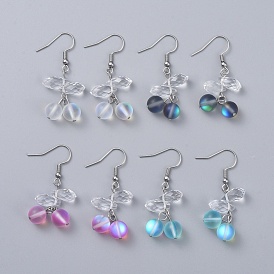 Pendants d'oreilles, avec des perles de pierre de lune synthétiques, perles de verre en forme de larme à facettes et crochets de boucle d'oreille en acier inoxydable