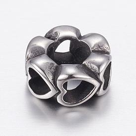 304 Stainless Steel European Beads, Large Hole Beads, Flower with Heart