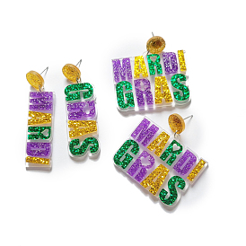 Boucles d'oreilles pendantes mardi gras avec mot acrylique scintillant pour fête de carnaval