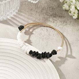 Natural Obsidian & Glass Chip Steel Memory Wire Cuff Bangles for Women, White and Black