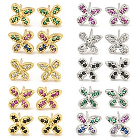 Rack Plating Brass Micro Pave Clear Cubic Zirconia Stud Earrings, with Ear Nuts, Long-Lasting Plated, Flower