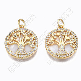 5Pcs Brass Micro Pave clear Cubic Zirconia Pendants, with Shell and Jump Rings, Nickel Free, Flat Round with Tree
