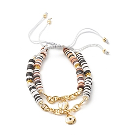 Handmade Disc Polymer Clay Braided Bead Bracelets Set, Brass Mariner Link Chains Link Bracelets, Flat Round with Cross and Evil Eye Enamel Charms Lucky Bracelets for Women, Golden