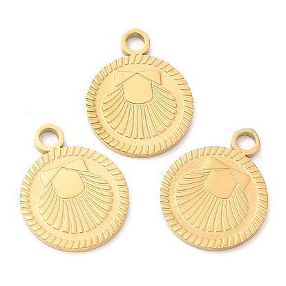 Ion Plating(IP) 316L Surgical Stainless Steel Pendants, Nickel Free, Flat Round with Shell Charm