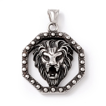 Tibetan Style 304 Stainless Steel Pendants, Hexagon & Lion