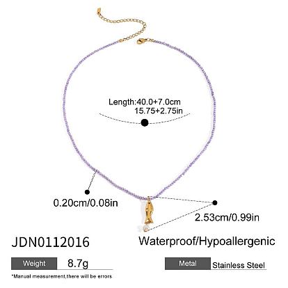 304 Женские бусины с подвеской в виде рыбы из нержавеющей стали и стеклянного жемчуга из натурального аметиста