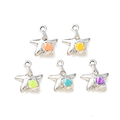 Alloy Enamel Pendants, Starfish with Shell Shape Charms, with Crystal Rhinestone, Platinum