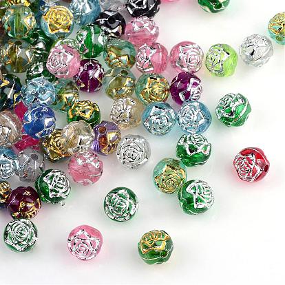 Plating Transparent Acrylic Beads, Metal Enlaced, Round Flower