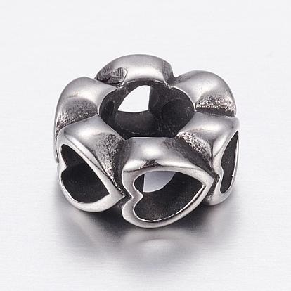 304 Stainless Steel European Beads, Large Hole Beads, Flower with Heart