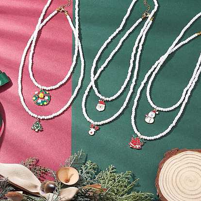 6 шт. 6 стили, ожерелья из белого стекла с эмалью, Санта-Клаус, рождественская елка, олень, снеговик, бисер для женщин, золотые, разноцветные