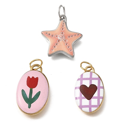 Printed 304 Stainless Steel Enamel Pendants, Ion Plating(IP), Real 18K Gold Plated/Stainless Steel Color