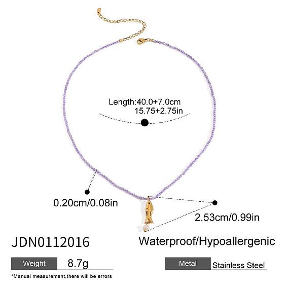 304 Женские бусины с подвеской в виде рыбы из нержавеющей стали и стеклянного жемчуга из натурального аметиста