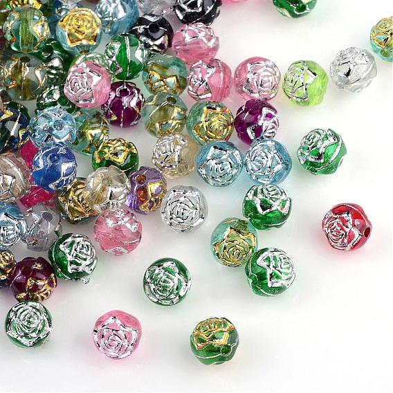 Plating Transparent Acrylic Beads, Metal Enlaced, Round Flower