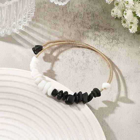 Natural Obsidian & Glass Chip Steel Memory Wire Cuff Bangles for Women, White and Black