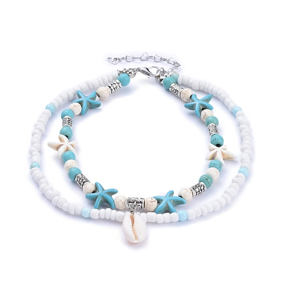 Cowrie Shell Anklets, with Turquoise Beads and Glass Seed Beads, Tibetan Style Alloy Beads, Zinc Alloy Lobster Claw Clasps
