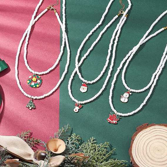 6 шт. 6 стили, ожерелья из белого стекла с эмалью, Санта-Клаус, рождественская елка, олень, снеговик, бисер для женщин, золотые, разноцветные