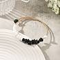 Natural Obsidian & Glass Chip Steel Memory Wire Cuff Bangles for Women, White and Black