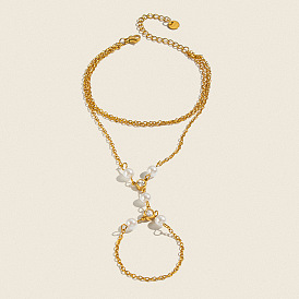 304 Stainless Steel and Imitation Pearl Multi-Strand Hand Chain Ring Bracelets with Clear Cubic Zirconia for Women, White