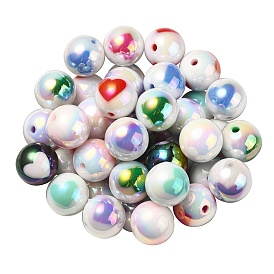 UV Plating Rainbow Iridescent Acrylic Beads, Round with Heart Pattern
