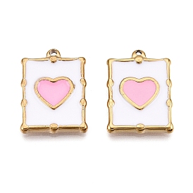 PVD Vacuum Plating 201 Stainless Steel Enamel Pendants, Real 18K Gold Plated, Rectangle with Heart Charm