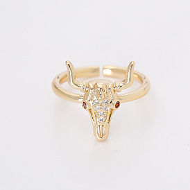 Women's hand jewelry copper-plated 18K gold inlaid zirconium bull head ring open adjustable ring