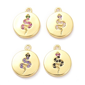 Brass Micro Pave Cubic Zirconia Pendants, Flat Round with Snake