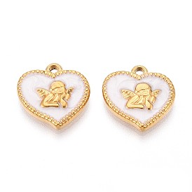 304 подвески из нержавеющей стали, с эмалью, сердце с ангельским шармом, реальный 18 k позолоченный, ионное покрытие (ip)