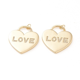 Brass Micro Pave Clear Cubic Zirconia Pendants, Long-Lasting Plated, Heart Lock, for Valentine's Day