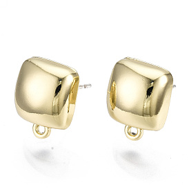 Alloy Stud Earring Findings, with Loop and Steel Pin, Square with Plastic Protective Sleeve