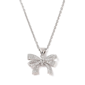 Brass Micro Pave Clear Cubic Zirconia Bowknot Pendant Necklaces for Women