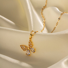 18K gold stainless steel inlaid white zircon butterfly pendant necklace does not fade niche jewelry
