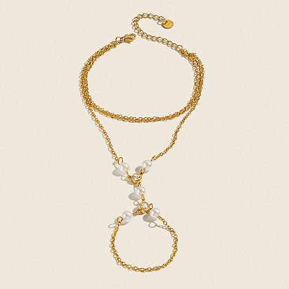 304 Stainless Steel and Imitation Pearl Multi-Strand Hand Chain Ring Bracelets with Clear Cubic Zirconia for Women, White