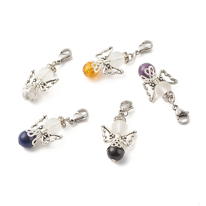 Natural Gemstone Pendant Decorations, with Alloy Findings & 304 Stainless Steel Lobster Claw Clasps, Angel & Fairy