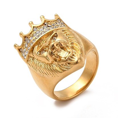 304 Stainless Steel Rhinestone Finger Rings, Lion with Crown Wide Band Rings for Women Men