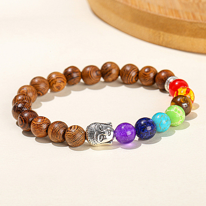 Natural & Synthetic Mixed Gemstone & Wood Stretch Bracelet, Buddhist Bracelet Women