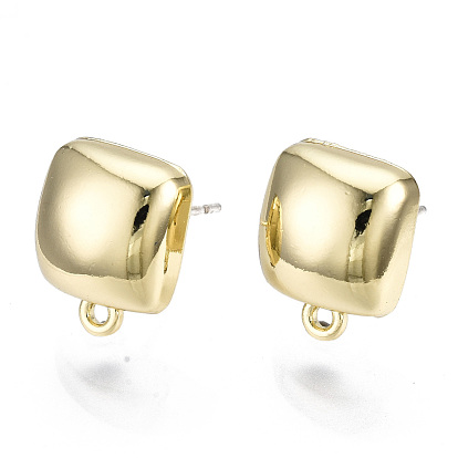Alloy Stud Earring Findings, with Loop and Steel Pin, Square with Plastic Protective Sleeve