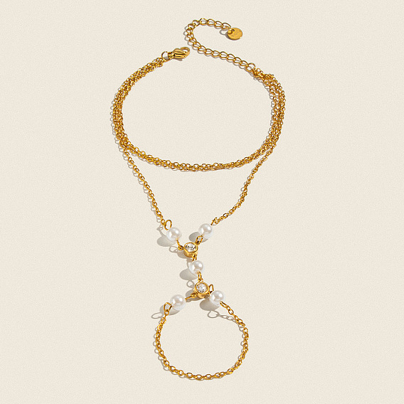 304 Stainless Steel and Imitation Pearl Multi-Strand Hand Chain Ring Bracelets with Clear Cubic Zirconia for Women, White