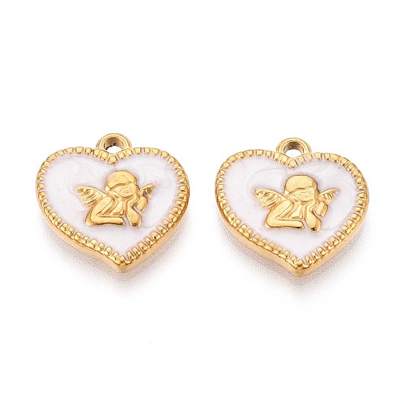 304 подвески из нержавеющей стали, с эмалью, сердце с ангельским шармом, реальный 18 k позолоченный, ионное покрытие (ip)