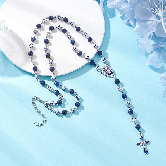 Круглые четки ручной работы из синего и белого фарфора и окрашенного натурального лазурита, ожерелья с подвесками-крестами из сплава эмали