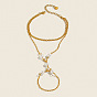 304 Stainless Steel and Imitation Pearl Multi-Strand Hand Chain Ring Bracelets with Clear Cubic Zirconia for Women, White