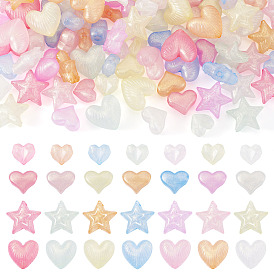 100 шт. 4 стили светящиеся прозрачные акриловые бусины, Сердце и звезда, с блеском порошок