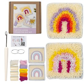 Rainbow/Tree/Bear Pattern Polycotton Latch Hook Cup Mat Kit, DIY Coaster
 Crochet Yarn Kits, Including Instructions, Fabric, Yarn