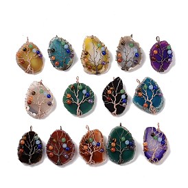 Natural Agate Big Pendants, with Rack Plating Brass Wires, Chakra Gemstone Beads, Cadmium Free & Lead Free, Dyed & Heated, Nuggets with Tree