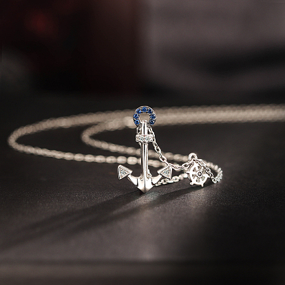 Vintage 925 Sterling Silver Blue Cubic Zirconia Ship Anchor Rudder Pendant Necklaces, Rhodium Plated
