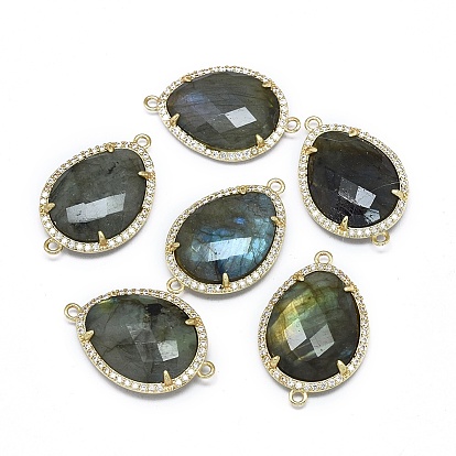 Соединители звеньев естественного драгоценного камня, с латунной фурнитурой и кубическим цирконием, граненые, капля, золотые